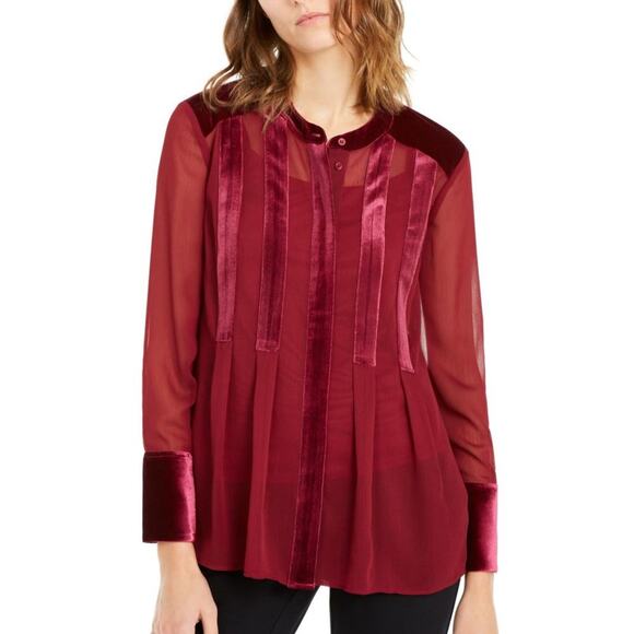ALFANI Burgundy Velvet Striped Sheer Long Sleeve Blouse Plus Size 1X NWT - Picture 1 of 3